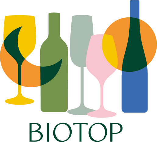 logo biotop avec des images de verres et de bouteilles